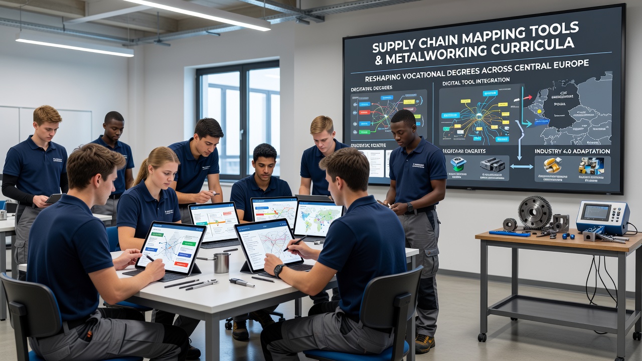 Instructor demonstrating supply chain mapping interface to vocational students in a Hungarian metalworking lab