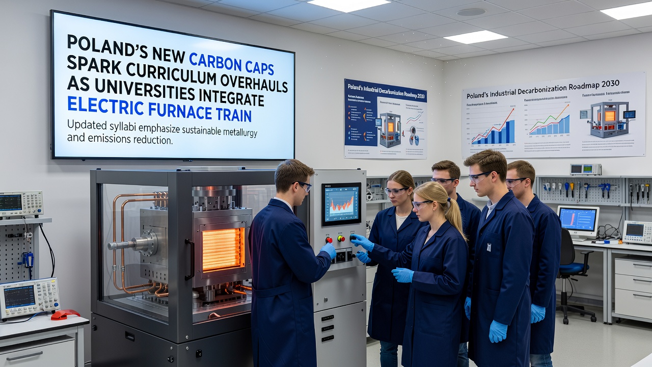 Engineering students reviewing melt temperature graphs next to an operational electric induction furnace